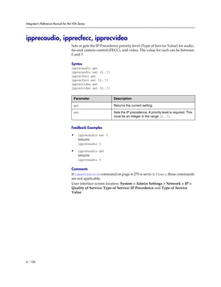Integrator’s Reference Manual for the VSX Series




ipprecaudio, ipprecfecc, ipprecvideo
                                     Sets or gets the IP Precedence priority level (Type of Service Value) for audio,
                                     far-end camera control (FECC), and video. The value for each can be between
                                     0 and 7.

                                     Syntax
                                     ipprecaudio get
                                     ipprecaudio set {0..7}
                                     ipprecfecc get
                                     ipprecfecc set {0..7}
                                     ipprecvideo get
                                     ipprecvideo set {0..7}


                                      Parameter                 Description

                                      get                       Returns the current setting.

                                      set                       Sets the IP precedence. A priority level is required. This
                                                                must be an integer in the range {0..7}.


                                     Feedback Examples

                                     •    ipprecaudio set 5
                                          returns
                                          ipprecaudio 5

                                     •    ipprecaudio get
                                          returns
                                          ipprecaudio 5

                                     Comments
                                     If typeofservice command on page 4-279 is set to diffserv, these commands
                                     are not applicable.
                                     User interface screen location: System > Admin Settings > Network > IP >
                                     Quality of Service: Type of Service: IP Precedence and Type of Service
                                     Value




4 - 150
 