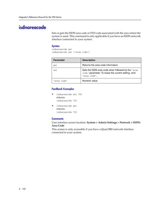 Integrator’s Reference Manual for the VSX Series




isdnareacode
                                     Sets or gets the ISDN area code or STD code associated with the area where the
                                     system is used. This command is only applicable if you have an ISDN network
                                     interface connected to your system.

                                     Syntax
                                     isdnareacode get
                                     isdnareacode set ["area code"]


                                      Parameter                  Description

                                      get                        Returns the area code information.

                                      set                        Sets the ISDN area code when followed by the “area
                                                                 code” parameter. To erase the current setting, omit
                                                                 “area code”.

                                      “area code”                Numeric value.


                                     Feedback Examples

                                     •    isdnareacode set 700
                                          returns
                                          isdnareacode 700

                                     •    isdnareacode get
                                          returns
                                          isdnareacode 700

                                     Comments
                                     User interface screen location: System > Admin Settings > Network > ISDN:
                                     Area Code
                                     This screen is only accessible if you have a Quad BRI network interface
                                     connected to your system.




4 - 152
 