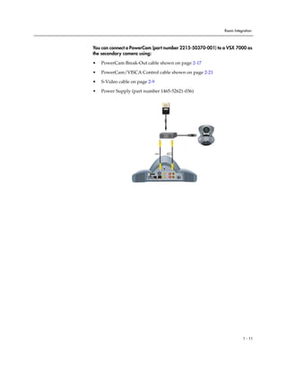 Room Integration



You can connect a PowerCam (part number 2215-50370-001) to a VSX 7000 as
the secondary camera using:

•   PowerCam Break-Out cable shown on page 2-17

•   PowerCam/VISCA Control cable shown on page 2-21

•   S-Video cable on page 2-9

•   Power Supply (part number 1465-52621-036)




                                0101           2




                                    0101


                         VGA
                                2                  2
                         3




                                           1
                                    LAN




                                                                     1 - 11
 