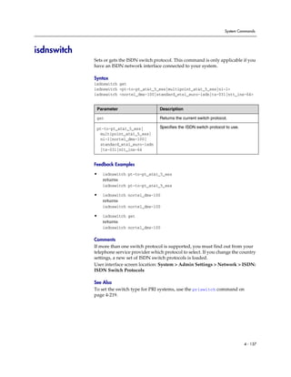 System Commands




isdnswitch
             Sets or gets the ISDN switch protocol. This command is only applicable if you
             have an ISDN network interface connected to your system.

             Syntax
             isdnswitch get
             isdnswitch <pt-to-pt_at&t_5_ess|multipoint_at&t_5_ess|ni-1>
             isdnswitch <nortel_dms-100|standard_etsi_euro-isdn|ts-031|ntt_ins-64>


              Parameter                     Description

              get                           Returns the current switch protocol.

              pt-to-pt_at&t_5_ess|          Specifies the ISDN switch protocol to use.
               multipoint_at&t_5_ess|
               ni-1|nortel_dms-100|
               standard_etsi_euro-isdn
               |ts-031|ntt_ins-64


             Feedback Examples

             •   isdnswitch pt-to-pt_at&t_5_ess
                 returns
                 isdnswitch pt-to-pt_at&t_5_ess

             •   isdnswitch nortel_dms-100
                 returns
                 isdnswitch nortel_dms-100

             •   isdnswitch get
                 returns
                 isdnswitch nortel_dms-100

             Comments
             If more than one switch protocol is supported, you must find out from your
             telephone service provider which protocol to select. If you change the country
             settings, a new set of ISDN switch protocols is loaded.
             User interface screen location: System > Admin Settings > Network > ISDN:
             ISDN Switch Protocols

             See Also
             To set the switch type for PRI systems, use the priswitch command on
             page 4-219.




                                                                                         4 - 157
 
