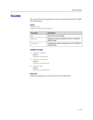 System Commands




linestate
            Sets or gets API session registration to receive notifications about IP or ISDN
            line state changes.

            Syntax
            linestate get
            linestate <register|unregister>


             Parameter                 Description

             get                       Returns the current setting.

             register                  Registers to receive notification when IP or ISDN line
                                       states change.

             unregister                Unregisters to receive notification when IP or ISDN line
                                       states change.


            Feedback Examples

            •   linestate register
                returns
                linestate registered

            •   linestate unregister
                returns
                linestate unregistered

            •   linestate get
                returns
                linestate unregistered

            Comments
            IP line state changes are only received in a serial API session.




                                                                                          4 - 161
 