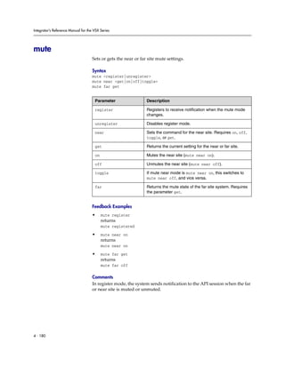 Integrator’s Reference Manual for the VSX Series




mute
                                     Sets or gets the near or far site mute settings.

                                     Syntax
                                     mute <register|unregister>
                                     mute near <get|on|off|toggle>
                                     mute far get


                                      Parameter                  Description

                                      register                   Registers to receive notification when the mute mode
                                                                 changes.

                                      unregister                 Disables register mode.

                                      near                       Sets the command for the near site. Requires on, off,
                                                                 toggle, or get.

                                      get                        Returns the current setting for the near or far site.

                                      on                         Mutes the near site (mute near on).

                                      off                        Unmutes the near site (mute near off).

                                      toggle                     If mute near mode is mute near on, this switches to
                                                                 mute near off, and vice versa.

                                      far                        Returns the mute state of the far site system. Requires
                                                                 the parameter get.


                                     Feedback Examples
                                     •     mute register
                                           returns
                                           mute registered
                                     •     mute near on
                                           returns
                                           mute near on

                                     •     mute far get
                                           returns
                                           mute far off

                                     Comments
                                     In register mode, the system sends notification to the API session when the far
                                     or near site is muted or unmuted.




4 - 180
 