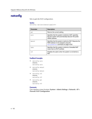 Integrator’s Reference Manual for the VSX Series




natconfig
                                     Sets or gets the NAT configuration.

                                     Syntax
                                     natconfig <get|auto|manual|upnp|off>


                                      Parameter                Description

                                      get                      Returns the current setting.

                                      auto                     Specifies that the system is behind a NAT; specifies
                                                               that the system will automatically discover the public
                                                               (WAN) address.

                                      manual                   Specifies that the system is behind a NAT. Requires the
                                                               WAN address to be assigned using the
                                                               wanipaddress command on page 4-307.

                                      upnp                     Specifies that the system is behind a firewalled NAT
                                                               router that is UPnP certified.

                                      off                      Disables the option when the system is not behind a
                                                               NAT.


                                     Feedback Examples
                                     •    natconfig auto
                                          returns
                                          natconfig auto

                                     •    natconfig manual
                                          returns
                                          natconfig manual

                                     •    natconfig off
                                          returns
                                          natconfig off

                                     •    natconfig get
                                          returns
                                          natconfig off

                                     Comments
                                     User interface screen location: System > Admin Settings > Network > IP >
                                     Firewall: NAT Configuration




4 - 182
 