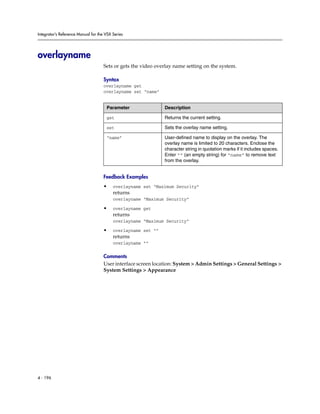 Integrator’s Reference Manual for the VSX Series




overlayname
                                     Sets or gets the video overlay name setting on the system.

                                     Syntax
                                     overlayname get
                                     overlayname set “name”


                                      Parameter                Description

                                      get                      Returns the current setting.

                                      set                      Sets the overlay name setting.

                                      “name”                   User-defined name to display on the overlay. The
                                                               overlay name is limited to 20 characters. Enclose the
                                                               character string in quotation marks if it includes spaces.
                                                               Enter “” (an empty string) for “name” to remove text
                                                               from the overlay.


                                     Feedback Examples
                                     •    overlayname set “Maximum Security”
                                          returns
                                          overlayname “Maximum Security”

                                     •    overlayname get
                                          returns
                                          overlayname “Maximum Security”

                                     •    overlayname set “”
                                          returns
                                          overlayname “”

                                     Comments
                                     User interface screen location: System > Admin Settings > General Settings >
                                     System Settings > Appearance




4 - 196
 