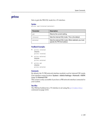 System Commands




pricsu
         Sets or gets the PRI CSU mode for a T1 interface.

         Syntax
         pricsu <get|internal|external>


          Parameter                 Description

          get                       Returns the current setting.

          internal                  Sets the internal CSU mode. This is the default.

          external                  Sets the external CSU mode. When selected, you must
                                    specify the PRI line buildout.


         Feedback Examples
         •   pricsu internal
             returns
             pricsu internal

         •   pricsu external
             returns
             pricsu external

         •   pricsu get
             returns
             pricsu external

         Comments
         By default, the T1 PRI network interface module is set for internal CSU mode.
         User interface screen location: System > Admin Settings > Network > ISDN
         (page 2): External CSU
         This screen is only accessible if you have a PRI network interface connected to
         your system.

         See Also
         The PRI line buildout for a T1 interface is set using the prilinebuildout
         command on page 4-212.




                                                                                       4 - 209
 