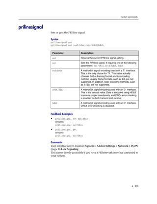 System Commands




prilinesignal
                Sets or gets the PRI line signal.

                Syntax
                prilinesignal get
                prilinesignal set <esf/b8zs|crc4/hdb3|hdb3>


                 Parameter                  Description

                 get                        Returns the current PRI line signal setting.

                 set                        Sets the PRI line signal. It requires one of the following
                                            parameters: esf/b8zs, crc4/hdb3, hdb3

                 esf/b8zs                   A method of signal encoding used with a T1 interface.
                                            This is the only choice for T1. This value actually
                                            chooses both a framing format and an encoding
                                            method. Legacy frame formats, such as D4, are not
                                            supported. In addition, older encoding methods, such
                                            as B7ZS, are not supported.

                 crc4/hdb3                  A method of signal encoding used with an E1 interface.
                                            This is the default value. Data is encoded using HDB3
                                            to ensure proper one-density, and CRC4 error checking
                                            is enabled on both transmit and receive.

                 hdb3                       A method of signal encoding used with an E1 interface.
                                            CRC4 error checking is disabled.


                Feedback Examples
                •   prilinesignal set esf/b8zs
                    returns
                    prilinesignal esf/b8zs
                •   prilinesignal get
                    returns
                    prilinesignal esf/b8zs

                Comments
                User interface screen location: System > Admin Settings > Network > ISDN
                (page 2): Line Signaling
                This screen is only accessible if you have a PRI network interface connected to
                your system.




                                                                                                 4 - 213
 