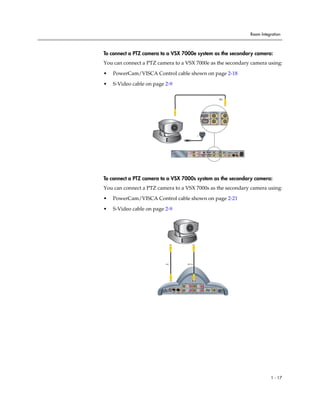 Room Integration



To connect a PTZ camera to a VSX 7000e system as the secondary camera:
You can connect a PTZ camera to a VSX 7000e as the secondary camera using:

•   PowerCam/VISCA Control cable shown on page 2-18

•   S-Video cable on page 2-9

                                                                                                          2




                                                                                1             1                   2




                                                                                                              2




                                                                   2




                                                                                                                                                90-250VAC 50/60Hz 4A




                                                          3                                           2
                                                                                                                                PC CARD
                                                                                      1   1                               VGA
                                                        VCR/DVD


                                                                                                                      2

                                                                       IOIOIO                     2                               VGA 2   LAN




To connect a PTZ camera to a VSX 7000s system as the secondary camera:
You can connect a PTZ camera to a VSX 7000s as the secondary camera using:

•   PowerCam/VISCA Control cable shown on page 2-21

•   S-Video cable on page 2-9




                               0101                 2




                                                           2




                                     101010




                         24V    3A                                                  VGA
                                              LAN              1




                                                                                                                                                                                 1 - 17
 