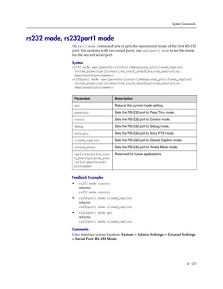 System Commands




rs232 mode, rs232port1 mode
              The rs232 mode command sets or gets the operational mode of the first RS-232
              port. For systems with two serial ports, use rs232port1 mode to set the mode
              for the second serial port.

              Syntax
              rs232 mode <get|passthru|control|debug|sony_ptz|closed_caption|
               vortex_mixer|cps|interactive_touch_board|polycom_annotation|
               smartboard|pointmaker>
              rs232port1 mode <get|passthru|control|debug|sony_ptz|closed_caption|
               vortex_mixer|cps|interactive_touch_board|polycom_annotation|
               smartboard|pointmaker>


               Parameter                    Description

               get                          Returns the current mode setting.

               passthru                     Sets the RS-232 port to Pass Thru mode.

               contol                       Sets the RS-232 port to Control mode.

               debug                        Sets the RS-232 port to Debug mode.

               sony_ptz                     Sets the RS-232 port to Sony PTZ mode.

               closed_caption               Sets the RS-232 port to Closed Caption mode.

               vortex_mixer                 Sets the RS-232 port to Vortex Mixer mode.

               cps|interactive_touc         Reserved for future applications.
               h_board|polycom_anno
               tation|smartboard|
               pointmaker


              Feedback Examples
              •   rs232 mode control
                  returns
                  rs232 mode control
              •   rs232port1 mode closed_caption
                  returns
                  rs232port1 mode closed_caption
              •   rs232port1 mode get
                  returns
                  rs232port1 mode closed_caption

              Comments
              User interface screen location: System > Admin Settings > General Settings
              > Serial Port: RS-232 Mode




                                                                                             4 - 231
 
