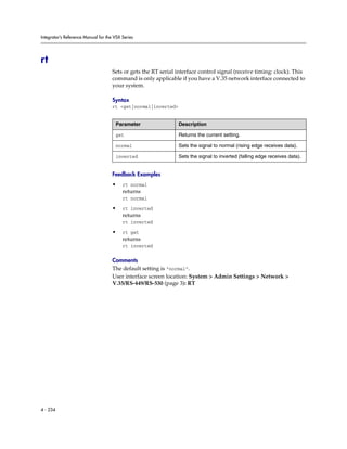 Integrator’s Reference Manual for the VSX Series




rt
                                     Sets or gets the RT serial interface control signal (receive timing: clock). This
                                     command is only applicable if you have a V.35 network interface connected to
                                     your system.

                                     Syntax
                                     rt <get|normal|inverted>


                                      Parameter                 Description

                                      get                       Returns the current setting.

                                      normal                    Sets the signal to normal (rising edge receives data).

                                      inverted                  Sets the signal to inverted (falling edge receives data).


                                     Feedback Examples
                                     •    rt normal
                                          returns
                                          rt normal

                                     •    rt inverted
                                          returns
                                          rt inverted

                                     •    rt get
                                          returns
                                          rt inverted

                                     Comments
                                     The default setting is “normal”.
                                     User interface screen location: System > Admin Settings > Network >
                                     V.35/RS-449/RS-530 (page 3): RT




4 - 234
 