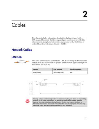 2
Cables

                    This chapter includes information about cables that can be used with a
                    VSX system. Please note that drawings and part numbers are provided for
                    reference only. Compliance information is provided for the Restriction of
                    certain Hazardous Substances Directive (RoHS).


Network Cables

LAN Cable
                    This cable connects a VSX system to the LAN. It has orange RJ-45 connectors
                    on both ends and is used with all systems. The maximum approved length for
                    this cable is 100 ft (30 m).

                        Length                             Part Number                  RoHS Compliant

                        12 ft (3.6 m)                      2457-08343-001               Yes



                                          CONN. RJ-45
                                          ( x2 )

            P1    P2        PIN 8                                                                            PIN 8

            PIN   PIN
             #     #
                              P1                                                                             P2
             1     1
             2     2
             3     3
             4     4
             5     5
             6     6
             7     7
             8     8                                             12 FEET +/- 3"




                        Drawings and part numbers are provided for reference only. Polycom claims no responsibility
                        or liability for the quality, performance, or reliability of cables based on these reference
                        drawings, other than cables provided by Polycom. Contact your Polycom distributor or
                        Polycom Custom/Vertical Products to order cables that meet the appropriate manufacturing
                        tolerances, quality, and performance parameters for your application.




                                                                                                                     2-1
 