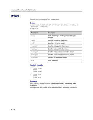 Integrator’s Reference Manual for the VSX Series




stream
                                     Starts or stops streaming from your system.

                                     Syntax
                                     stream start [“addr”] [“ttl”] [“vidPort”] [“audPort”] [“vidCmpr”]
                                      [“audCmpr”] [“bitrate”]
                                     stream stop


                                         Parameter               Description

                                         start                   Starts streaming. A meeting password may be
                                                                 required.

                                         “addr”                  Specifies address for the stream.

                                         “ttl”                   Specifies TTL for the stream.

                                         “vidPort”               Specifies video port for the stream.

                                         “audPort”               Specifies audio port for the stream.

                                         “vidCmpr”               Specifies video compression for the stream.

                                         “audCmpr”               Specifies audio compression for the stream.

                                         “bitrate”               Specifies bit rate for the stream.

                                         stop                    Stops streaming.


                                     Feedback Examples
                                     •     stream start
                                           returns
                                           stream start

                                     •     stream stop
                                           returns
                                           stream stop

                                     Comments
                                     User interface screen location: System > Utilities > Streaming: Start
                                     Streaming
                                     This option is only visible in the user interface if streaming is enabled.




4 - 258
 