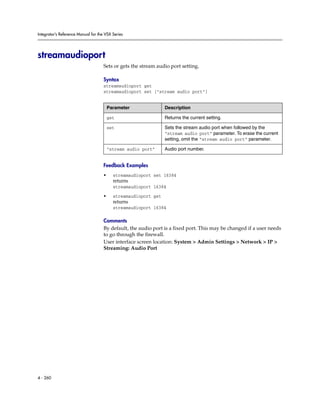 Integrator’s Reference Manual for the VSX Series




streamaudioport
                                     Sets or gets the stream audio port setting.

                                     Syntax
                                     streamaudioport get
                                     streamaudioport set ["stream audio port"]


                                         Parameter               Description

                                         get                     Returns the current setting.

                                         set                     Sets the stream audio port when followed by the
                                                                 “stream audio port” parameter. To erase the current
                                                                 setting, omit the “stream audio port” parameter.

                                         “stream audio port”     Audio port number.


                                     Feedback Examples
                                     •     streamaudioport set 16384
                                           returns
                                           streamaudioport 16384

                                     •     streamaudioport get
                                           returns
                                           streamaudioport 16384

                                     Comments
                                     By default, the audio port is a fixed port. This may be changed if a user needs
                                     to go through the firewall.
                                     User interface screen location: System > Admin Settings > Network > IP >
                                     Streaming: Audio Port




4 - 260
 