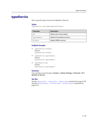 System Commands




typeofservice
                Sets or gets the type of service for Quality of Service.

                Syntax
                typeofservice <get|ipprecedence|diffserv>


                 Parameter                  Description

                 get                        Returns the current setting.

                 ipprecedence               Selects IP precedence service.

                 diffserv                   Selects DiffServ service.


                Feedback Examples

                •   typeofservice diffserv
                    returns
                    typeofservice diffserv

                •   typeofservice ipprecedence
                    returns
                    typeofservice ipprecedence

                •   typeofservice get
                    returns
                    typeofservice ipprecedence

                Comments
                User interface screen location: System > Admin Settings > Network > IP >
                Quality of Service

                See Also
                See the ipprecaudio, ipprecfecc, ipprecvideo command on page 4-150
                and the diffservaudio, diffservfecc, diffservvideo command on
                page 4-73.




                                                                                      4 - 279
 