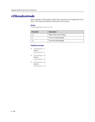 Integrator’s Reference Manual for the VSX Series




v35broadcastmode
                                     Sets or gets the V.35 broadcast mode. This command is only applicable if you
                                     have a V.35 network interface connected to your system.

                                     Syntax
                                     v35broadcastmode <get|on|off>


                                      Parameter                Description

                                      get                      Returns the current setting.

                                      on                       Turns on V.35 broadcast.

                                      off                      Turns off V.35 broadcast.


                                     Feedback Examples

                                     •     v35broadcast on
                                           returns
                                           v35broadcast on

                                     •     v35broadcast off
                                           returns
                                           v35broadcast off

                                     •     v35broadcast get
                                           returns
                                           v35broadcast off




4 - 286
 