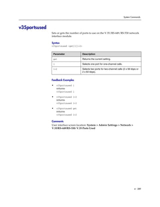 System Commands




v35portsused
               Sets or gets the number of ports to use on the V.35/RS-449/RS-530 network
               interface module.

               Syntax
               v35portsused <get|1|1+2>


                Parameter                 Description

                get                       Returns the current setting.

                1                         Selects one port for one-channel calls.

                1+2                       Selects two ports for two-channel calls (2 x 56 kbps or
                                          2 x 64 kbps).


               Feedback Examples

               •    v35portsused 1
                    returns
                    v35portsused 1

               •    v35portsused 1+2
                    returns
                    v35portsused 1+2

               •    v35portsused get
                    returns
                    v35portsused 1+2

               Comments
               User interface screen location: System > Admin Settings > Network >
               V.35/RS-449/RS-530: V.35 Ports Used




                                                                                             4 - 289
 