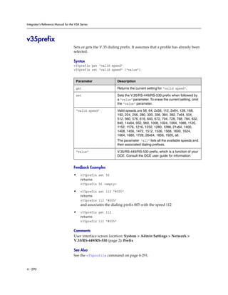 Integrator’s Reference Manual for the VSX Series




v35prefix
                                     Sets or gets the V.35 dialing prefix. It assumes that a profile has already been
                                     selected.

                                     Syntax
                                     v35prefix get “valid speed”
                                     v35prefix set “valid speed” [“value”]


                                      Parameter                  Description

                                      get                        Returns the current setting for “valid speed”.

                                      set                        Sets the V.35/RS-449/RS-530 prefix when followed by
                                                                 a “value” parameter. To erase the current setting, omit
                                                                 the “value” parameter.

                                      “valid speed”              Valid speeds are 56, 64, 2x56, 112, 2x64, 128, 168,
                                                                 192, 224, 256, 280, 320, 336, 384, 392, 7x64, 504,
                                                                 512, 560, 576, 616, 640, 672, 704, 728, 768, 784, 832,
                                                                 840, 14x64, 952, 960, 1008, 1024, 1064, 1088, 1120,
                                                                 1152, 1176, 1216, 1232, 1280, 1288, 21x64, 1400,
                                                                 1408, 1456, 1472, 1512, 1536, 1568, 1600, 1624,
                                                                 1664, 1680, 1728, 28x64, 1856, 1920, all.
                                                                 The parameter “all” lists all the available speeds and
                                                                 their associated dialing prefixes.

                                      “value”                    V.35/RS-449/RS-530 prefix, which is a function of your
                                                                 DCE. Consult the DCE user guide for information.


                                     Feedback Examples

                                     •    v35prefix set 56
                                          returns
                                          v35prefix 56 <empty>

                                     •    v35prefix set 112 ”#005”
                                          returns
                                          v35prefix 112 ”#005”
                                          and associates the dialing prefix 005 with the speed 112
                                     •    v35prefix get 112
                                          returns
                                          v35prefix 112 ”#005”

                                     Comments
                                     User interface screen location: System > Admin Settings > Network >
                                     V.35/RS-449/RS-530 (page 2): Prefix

                                     See Also
                                     See the v35profile command on page 4-291.


4 - 290
 