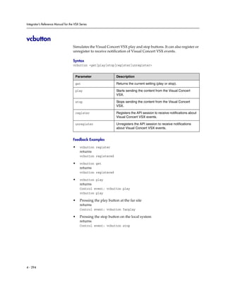 Integrator’s Reference Manual for the VSX Series




vcbutton
                                     Simulates the Visual Concert VSX play and stop buttons. It can also register or
                                     unregister to receive notification of Visual Concert VSX events.

                                     Syntax
                                     vcbutton <get|play|stop|register|unregister>


                                      Parameter                  Description

                                      get                        Returns the current setting (play or stop).

                                      play                       Starts sending the content from the Visual Concert
                                                                 VSX.

                                      stop                       Stops sending the content from the Visual Concert
                                                                 VSX.

                                      register                   Registers the API session to receive notifications about
                                                                 Visual Concert VSX events.

                                      unregister                 Unregisters the API session to receive notifications
                                                                 about Visual Concert VSX events.


                                     Feedback Examples

                                     •    vcbutton register
                                          returns
                                          vcbutton registered

                                     •    vcbutton get
                                          returns
                                          vcbutton registered

                                     •    vcbutton play
                                          returns
                                          Control event: vcbutton play
                                          vcbutton play

                                     •    Pressing the play button at the far site
                                          returns
                                          Control event: vcbutton farplay

                                     •    Pressing the stop button on the local system
                                          returns
                                          Control event: vcbutton stop




4 - 294
 