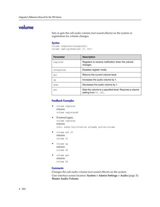 Integrator’s Reference Manual for the VSX Series




volume
                                     Sets or gets the call audio volume (not sound effects) on the system or
                                     registration for volume changes.

                                     Syntax
                                     volume <register|unregister>
                                     volume <get|up|down|set {0..50}>


                                      Parameter                Description

                                      register                 Registers to receive notification when the volume
                                                               changes.

                                      unregister               Disables register mode.

                                      get                      Returns the current volume level.

                                      up                       Increases the audio volume by 1.

                                      down                     Decreases the audio volume by 1.

                                      set                      Sets the volume to a specified level. Requires a volume
                                                               setting from {0..50}.


                                     Feedback Examples

                                     •     volume register
                                           returns
                                           volume registered

                                     •     If entered again,
                                           volume register
                                           returns
                                           info: event/notification already active:volume

                                     •     volume set 23
                                           returns
                                           volume 23

                                     •     volume up
                                           returns
                                           volume 24

                                     •     volume get
                                           returns
                                           volume 24

                                     Comments
                                     Changes the call audio volume (not sound effects) on the system.
                                     User interface screen location: System > Admin Settings > Audio (page 3):
                                     Master Audio Volume


4 - 302
 