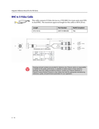Integrator’s Reference Manual for the VSX Series




BNC to S-Video Cable
                                     This cable connects S-Video devices to a VSX 8000. It is 4-pin male mini-DIN
                                     to dual BNC. The maximum approved length for this cable is 100 ft (30 m).


                                       Length                                    Part Number               RoHS Compliant

                                       6 ft (1.8 m)                              2457-21489-200            Yes




                                        Dimensions are in millimeters




                                      Drawings and part numbers are provided for reference only. Polycom claims no responsibility
                                      or liability for the quality, performance, or reliability of cables based on these reference
                                      drawings, other than cables provided by Polycom. Contact your Polycom distributor or
                                      Polycom Custom/Vertical Products to order cables that meet the appropriate manufacturing
                                      tolerances, quality, and performance parameters for your application.




2 - 10
 