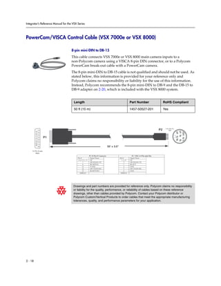 Integrator’s Reference Manual for the VSX Series




PowerCam/VISCA Control Cable (VSX 7000e or VSX 8000)

                                     8-pin mini-DIN to DB-15
                                     This cable connects VSX 7000e or VSX 8000 main camera inputs to a
                                     non-Polycom camera using a VISCA 8-pin DIN connector, or to a Polycom
                                     PowerCam break-out cable with a PowerCam camera.
                                     The 8-pin mini-DIN to DB-15 cable is not qualified and should not be used. As
                                     stated below, this information is provided for your reference only and
                                     Polycom claims no responsibility or liability for the use of this information.
                                     Instead, Polycom recommends the 8-pin mini-DIN to DB-9 and the DB-15 to
                                     DB-9 adapter on 2-20, which is included with the VSX 8000 system.


                                       Length                                                              Part Number                      RoHS Compliant

                                       50 ft (15 m)                                                        1457-50527-201                   Yes




                                                                                                                                             8 Pin Mini Din
                                                                                                                                       P2         Male
                    1




                                                                                                                                                                      5
                                                                                                                                                                     8
         9 10 11 12 13 14 15
          2 3 4 5 6 7 8




                                                                                                                                                                   2
                                                                                                                                                              3 4
                               P1




                                                                                                                                                               6 7

                                                                                                                                                                1
                                                                                  50' ± 3.0"
     15 Pin D-sub
         Male
                                                          P1 15 Pin D Connector                              P2 VISCA 8 Pin mini Din
                                          Pin #            Signal Name                         Pin #       Signal Name
                                          1-6, 9-11, 13    NC                                    1, 2, 8   NC
                                                 7         SW-RX/SN-TX                              3      SW-RX/SN-TX
                                                 8         IR-SIGNAL                                7      IR OUT
                                                12         P GND                                    4      GND
                                                14         SW-TX/SN-RX                              5      SW-TX/SN-RX
                                                15         IR RETURN                                6      GND
                                            SHIELD                                              SHIELD




                                      Drawings and part numbers are provided for reference only. Polycom claims no responsibility
                                      or liability for the quality, performance, or reliability of cables based on these reference
                                      drawings, other than cables provided by Polycom. Contact your Polycom distributor or
                                      Polycom Custom/Vertical Products to order cables that meet the appropriate manufacturing
                                      tolerances, quality, and performance parameters for your application.




2 - 18
 