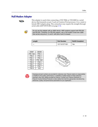 Cables




Null Modem Adapter
                  This adapter is used when connecting a VSX 7000e or VSX 8000 to a serial
                  device that transmits on pin 3 such as Crestron Pro2 processor. It is a male to
                  female DB-9 adapter plug. This connection may require the straight-through
                  serial cable (2457-09172-001) on page 2-32.

                     Do not use this adapter with an AMX device. AMX systems support both RS-232
                     and RS-422. Therefore, for RS-232 support, use a null modem cross-over cable
                     that carries only pins 2, 3, and 5, with pins 2 and 3 crossed.



                     Length                                     Part Number               RoHS Compliant

                     —                                          1517-61577-001            Yes




                DB9F         DB9M
               PIN 1&6       PIN 4
                PIN 2        PIN 3
                PIN 3        PIN 2
                PIN 4       PIN 1&6
                PIN 5        PIN 5
                PIN 7        PIN 8
                PIN 8        PIN 7
                PIN 9         N/C


                     Drawings and part numbers are provided for reference only. Polycom claims no responsibility
                     or liability for the quality, performance, or reliability of cables based on these reference
                     drawings, other than cables provided by Polycom. Contact your Polycom distributor or
                     Polycom Custom/Vertical Products to order cables that meet the appropriate manufacturing
                     tolerances, quality, and performance parameters for your application.




                                                                                                             2 - 35
 