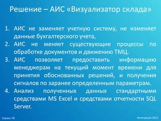 Решение – АИС «Визуализатор склада»

  1. АИС не заменяет учетную систему, не изменяет
     данные бухгалтерского учета,
  2. АИС не меняет существующие процессы по
     обработке документов и движению ТМЦ.
  3. АИС позволяет предоставить информацию
     менеджерам на текущий момент времени для
     принятия обоснованных решений, и получения
     сигналов по заранее определенным параметрам.
  4. Анализ полученных данных стандартными
     средствами MS Excel и средствами отчетности SQL
     Server.
Сервис-ТВ                                    Интеграция 2012
 