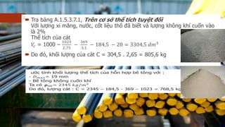 c tính kh i l ng th tích c a h n h p bê tông v i :ướ ố ượ ể ủ ỗ ợ ớ
- = 19 mm
- Bê tông không cu n khíố
Ta có
Do đó, l ng cát : C = 2345 – 184,5 - 369 – 1023 = 768,5 kgượ
 
 Tra b ng A.1.5.3.7.1,ả Trên c s th tích tuy t đ iơ ở ể ệ ố
V i l ng xi măng, n c, c t li u thô đã bi t và l ng không khí cu nớ ượ ướ ố ệ ế ượ ố
vào là 2%
Th tích c a cátể ủ
= 1000 –
 Do đó, kh i l ng c a cát C = 304,5 . 2,65 = 805,6 kgố ượ ủ
  
 