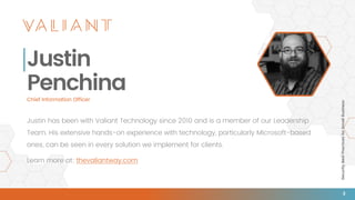SecurityBestPracticesforSmallBusiness
3
Justin
Penchina
Justin has been with Valiant Technology since 2010 and is a member of our Leadership
Team. His extensive hands-on experience with technology, particularly Microsoft-based
ones, can be seen in every solution we implement for clients.
Learn more at: thevaliantway.com
Chief Information Officer
 