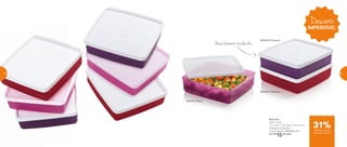 802453 | Púrpura
801101 | Rosa
802452 | Marsala
Refri Box
400ml cada
13,7 comp. X 12,7 larg. X 3,8 alt. (cm)
Categoria: Geladeira
Preço sugerido: R$22,00 cada
Por: R$
15,00 cada
Bases levemente translúcidas
Desconto
IMPERDÍVEL
de desconto no
Refri Box 400ml
31%
56 57
 