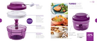 TURBOCHEF
Lâminas trabalham
juntas: pique
ingredientes variados
802540 | Turbo Chef*
300ml
10,8 diâm. X 8 alt. (cm)
Preço sugerido: R$195,00
Por: R$
149,00
*Atenção! Este produto contém lâminas que podem cortar. Manuseie com cuidado
Para fazer as mais diversas receitas de
dar água na boca, é só puxar a cordinha!
O mais desejado
Alavanca
Basta puxar a corda
da alavanca para
começar a triturar
os ingredientes
Parte inferior da tampa
Possui travas,
garantindo total
segurança no manuseio.
Para fechar o produto,
é só encaixá-la em
sentido horário e ouvir
um click. Fácil de lavar
Base transparente e
antiderrapante
Visualize os alimentos
que estão sendo picados.
Além disso, o produto não
escorrega na superfície
Lâminas afiadas
As três lâminas trabalham
juntas, você pode picar os
mais variados ingredientes
19 cortes
por segundo
Preparar
de desconto no
Turbo Chef
23%
22 23
 