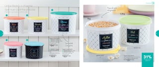 3 | 892057 | Tupper
Caixa Arroz Bistrô*
5Kg
24,9 comp. X 23,4 larg.
X 17,5 alt. (cm)
R$
103,00
Tupper Caixa Bistrô
1 | 800434 | Feijão 2Kg
2 | 800435 | Farinha 1,8Kg
20,1 comp. X 18,6 larg.
X 13,3 alt. (cm)
R$
64,00 cada
Tupper Caixa Bistrô
4 | 800438 | Açúcar 1,4Kg
5 | 800439 | Café 700g
18,2 comp. X 16,7 larg.
X 12,3 alt. (cm)
R$
53,00 cada Tupper Caixa Bistrô
16,3 comp. X 15 larg. X 10,7 alt. (cm)
Preço sugerido: R$45,00 cada
Por: R$
31,00 cada
800493 | Milho
800440 | Sal
4
1 2
3
5
*Podem ocorrer variações no tamanho dos grãos e densidade de cada tipo de arroz, gerando o não armazenamento completo do alimento na Tupper Caixa Arroz
Sem umidade
e sem grumos
Pipoca da tarde
está garantida
Prateleira organizada e, o melhor, linda!
Linha Bistrô: o charme
que sua cozinha precisa
1,3kg
1kg
Armazenar
de desconto na
página 33
31%
32 33
 