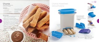 801138 | Massa Express
Composto por 3 bicos, 1
esteira, prensa e espátula
17,5 comp. X 9 larg. X 8 alt. (cm)
R$
152,00
Base: equipada com
pés antiderrapantes
Prensa: reduz o efeito
de sucção ao puxar
Espátula: ideal para cortar a
massa na esteira
Churros irresistíveis!
Faz diversas receitas:
nhoque, croquete, pretzel,
folhado e até cookie!
Churros
Tempo de preparo: 20 minutos
Rendimento: 4 porções
Modo de Preparo:
1. Em fogo baixo, em uma panela, coloque o leite,
a água, a margarina e o sal a gosto
2. Aguarde ferver e acrescente a farinha
gradativamente, mexendo bem até soltar do
fundo da panela e formar uma massa uniforme
3. Leve essa massa ao Massa Express, utilizando
o bico redondo com 3 furos para moldar os
churros. Corte no comprimento que desejar
com a Espátula do Massa Express
4. Aqueça o óleo e frite os churros até ficarem
dourados e crocantes
5. Passe os churros na mistura de canela e
açúcar e sirva ainda quente
6. Para acompanhar, utilize doce de leite
Preparado no Massa Express, sua
família vai adorar e vai pedir mais.
Ingredientes:
- 1 ½ xícara de leite
- ½ xícara de água
- 2 colheres de margarina
- 2 xícaras de farinha de trigo
- Açúcar cristal e canela
em pó para confeitar
- Sal a gosto
- Óleo para fritar
Preparar
32 33
 