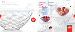 2 | 82933 | Tigela Prisma
2 Litros
25,1 comp. X 23,4 larg
X 10,9 alt. (cm)
Preço sugerido: R$98,00
Por: R$
72,00
3 | 803414 | Tigela Prisma
3,5 Litros
29,5 comp. X 27,8 larg.
X 12,5 alt. (cm)
Preço sugerido: R$160,00
Por: R$
129,00
1 | 890696 | Tigela Prisma
500ml cada
17,7 comp. X 16,2 larg. X 6,7 alt. (cm)
1 Por: R$
45,00
2 Por: R$
30,00 cada
Cód. para 2 Tigelas Prisma | 803542
Tampa levemente
translúcida
Permite que você veja o
que está guardado
Linda como o vidro, só
que muito mais resistente!
3
2
1
Nova
Cor
Servir
até
de desconto
na página 23
33%
22 23
 