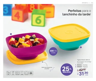 Perfeitas para o
lanchinho da tarde!
42,90De:
R$
31,90Por:
R$
cada
cada
1. 805504 - Fuchsia
2. 805503 - Tropical
Tigela Infantil 300 ml
12,1 cm (comp.) x 12,1 cm (larg.)
x 5,2 cm (alt.)
1
2
300 ml
(cada)
25%
desconto
Ideal para pequenas
porções!
I N F A N T I L | 6 3
 