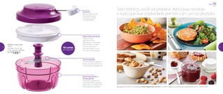 Alavanca
Basta puxar a corda
da alavanca para
começar a triturar
os ingredientes
Parte inferior da tampa
Possui travas,
garantindo total
segurança no manuseio.
Para fechar o produto,
é só encaixá-la em
sentido horário e ouvir
um click. Fácil de lavar
Base transparente e
antiderrapante
Visualize os alimentos
que estão sendo picados.
Além disso, o produto não
escorrega na superfície
Lâminas afiadas
As três lâminas trabalham
juntas, você pode picar os
mais variados ingredientes
802540 | Turbo Chef
300ml
10,8 diâm. X 8 alt. (cm)
Preço sugerido: R$195,00
Por: R$
149,00
Sem esforço, você vai preparar deliciosas receitas
e tudo que sua criatividade permitir com um só produto!
Deu água na boca? É só acessar www.tupperware.com.br e conferir todas as receitas que preparamos com o Turbo Chef!
19 cortes
por segundo
Natal
4 5
 