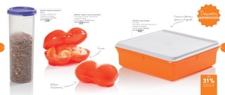 802346 | Caixa Versátil
2,5 Litros
24,7 comp. X 24,7 larg. X 8,2 alt. (cm)
Categoria: Geladeira
Preço sugerido: R$66,00
Por: R$
49,00
801976 | Tupper Frutas Laranja Neon
14,3 comp. X 9,7 larg. X 6,6 alt. (cm)
Categoria: Portátil
Preço sugerido: R$29,00 cada
Por: R$
20,00 cada
801454 | Modular Redondo 4
890ml
8,7 diâm. X 22,8 alt. (cm)
Categoria: Armazenar
Preço sugerido: R$41,00
Por: R$
28,00
Ideal para
frutas menores
Cor neon
Conserva os alimentos e
organiza o refrigerador
Descontos
IMPERDÍVEIS
até
de desconto nas
páginas 64 e 65
31%
64 65
 