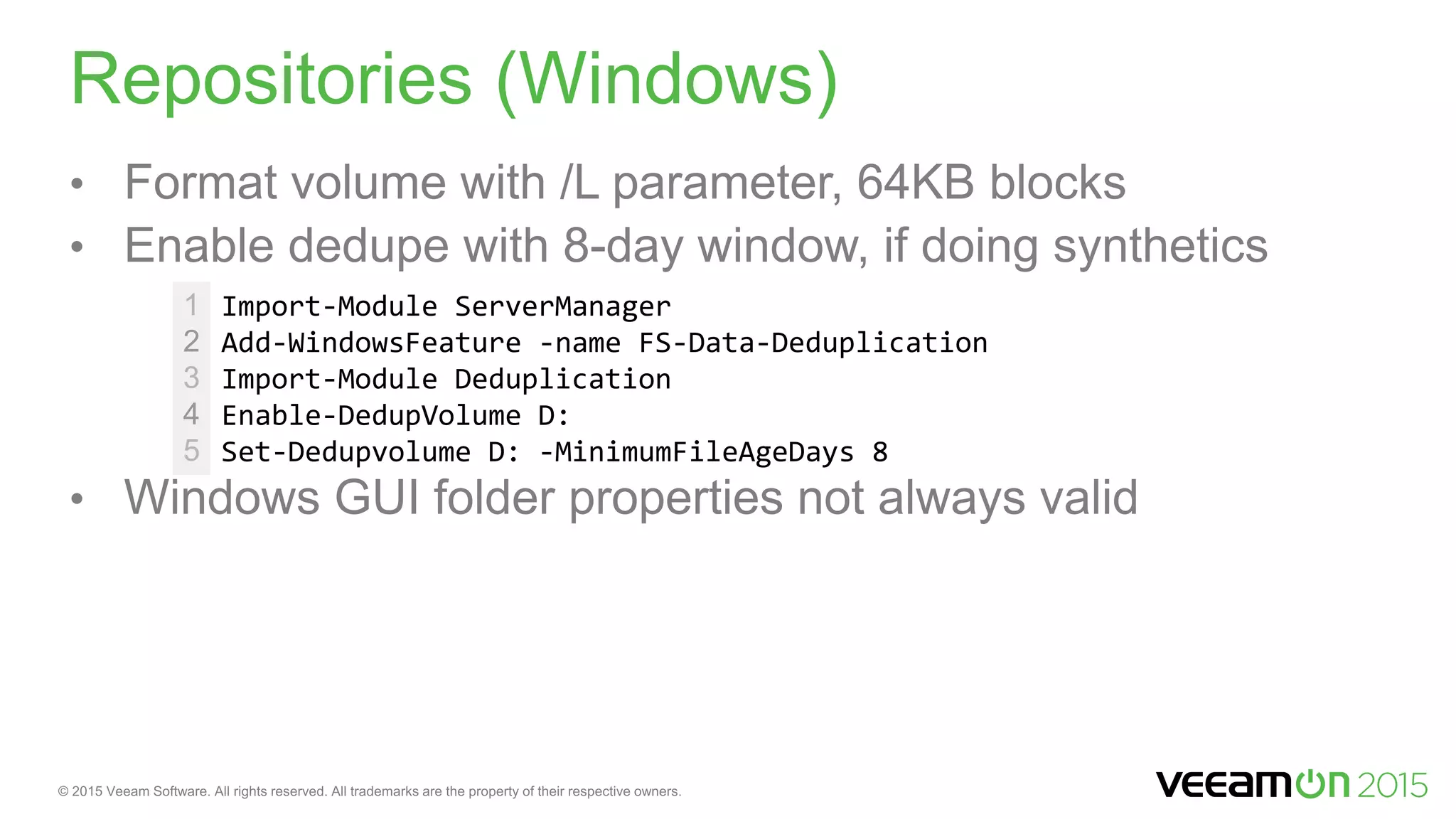 1
2
3
4
5
Import-Module ServerManager
Add-WindowsFeature -name FS-Data-Deduplication
Import-Module Deduplication
Enable-DedupVolume D:
Set-Dedupvolume D: -MinimumFileAgeDays 8
 