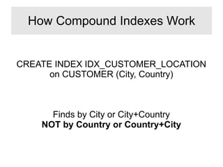 CREATE INDEX IDX_CUSTOMER_LOCATION
on CUSTOMER (City, Country)
Finds by City or City+Country
NOT by Country or Country+City
How Compound Indexes Work
 