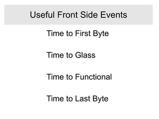 Time to First Byte
Time to Glass
Time to Functional
Time to Last Byte
Useful Front Side Events
 