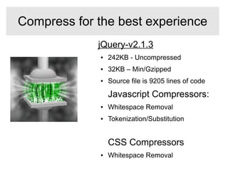 jQuery-v2.1.3
● 242KB - Uncompressed
● 32KB – Min/Gzipped
● Source file is 9205 lines of code
Javascript Compressors:
● Whitespace Removal
● Tokenization/Substitution
CSS Compressors
● Whitespace Removal
Compress for the best experience
 