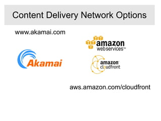 www.akamai.com
aws.amazon.com/cloudfront
Content Delivery Network Options
 