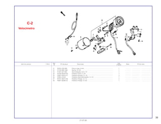 39
Ref. Qtd.
Item de serviço T.M.O. Nº da peça Descrição Nota Nº de série
Nº VT600C
21 90202-ZV0-000 Porca Cega, 6 mm ......................................................................... 1 .............. ..................... .......................
22 91104-MR1-008 Bucha, 8 x 50 ................................................................................. 1 .............. ..................... .......................
23 91301-027-000 Anel Vedação, 6,8 x 1,9................................................................. 1 .............. ..................... .......................
24 93700-05020-0G Parafuso Oval, 5 x 20..................................................................... 1 .............. ..................... .......................
25 93891-04016-07 Parafuso-Arruela, 4 x 16................................................................. 2 .............. ..................... .......................
26 93903-24420 Parafuso Auto-Atarraxante, 4 x 16 ................................................. 1 .............. ..................... .......................
27 95701-06012-08 Parafuso Flange, 6 x 12 ................................................................. 2 .............. ..................... .......................
28 96001-06006-02 Parafuso Flange, 6 x 60 ................................................................. 1 .............. ..................... .......................
C-2
Velocímetro
21.07.00
 