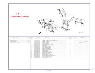 43
Ref. Qtd.
Item de serviço T.M.O. Nº da peça Descrição Nota Nº de série
Nº VT600C
1 53101-KW9-305 Guidão, Completo (Vendas Suspensas)........................................ 1 .............. ..................... .......................
* 53100-KW9-920 Guidão, Completo.......................................................................... 1 .............. ~XR001500
* 53100-MZ8-R40 Guidão, Completo.......................................................................... 1 Y~Y YR000001 ~
2 53106-KG1-920 Peso do Guidão ............................................................................. 2 .............. ..................... .......................
3 53107-MR1-010 Borracha do Peso do Guidão ........................................................ 4 .............. ..................... .......................
4 53108-KW9-920 Anel Elástico................................................................................... 2 .............. ..................... .......................
5 53125-MR1-000 Capa Inferior, Guidão..................................................................... 1 .............. ..................... .......................
6 53300-KW9-970 Mesa Superior, Guidão ................................................................. 1 .............. ..................... .......................
7 61315-MZ8-000 Guia do Cabo Direito ..................................................................... 1 .............. ..................... .......................
* 8 61316-MZ8-000 Guia do Cabo Esquerdo ................................................................ 1 .............. ..................... .......................
* 9 86150-MR1-760 Emblema, Asa................................................................................ 1 .............. ..................... .......................
10 90151-MB1-000 Parafuso Allen, 7 x 32 .................................................................... 2 .............. ..................... .......................
11 90304-415-000 Porca, Coluna de Direção.............................................................. 1 .............. ..................... .......................
12 90309-MR1-770 Porca Flange, 8 mm....................................................................... 2 .............. ..................... .......................
13 90503-283-000 Arruela, Coluna de Direcão............................................................ 1 .............. ..................... .......................
14 90535-MR1-770 Arruela, Inferior Coluna de Direção ............................................... 2 .............. ..................... .......................
15 91455-MB0-010 Capa do Parafuso, 8 mm ............................................................... 2 .............. ..................... .......................
16 95701-06012-07 Parafuso Flange, 6 x 12 ................................................................. 2 .............. ..................... .......................
C-5
Guidão • Mesa Inferior
21.07.00
Guidão, Completo .................................................0,5
Peso do Guidão.....................................................0,2
Mesa Superior do Guidão .....................................0,6
 