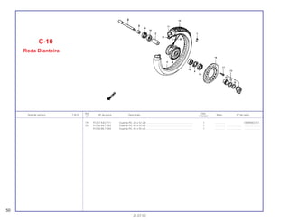 Ref. Qtd.
Item de serviço T.M.O. Nº da peça Descrição Nota Nº de série
Nº VT600C
19 91257-KA3-711 Guarda-Pó, 28 x 42 x 8 .................................................................. 1 .............. ~WWR002751
20 91258-ML7-003 Guarda-Pó, 45 x 55 x 5 .................................................................. 1 .............. ..................... .......................
91258-ML7-004 Guarda-Pó, 45 x 55 x 5 .................................................................. 1 .............. ..................... .......................
C-10
Roda Dianteira
50
21.07.00
 