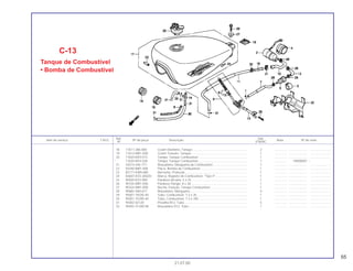 55
Ref. Qtd.
Item de serviço T.M.O. Nº da peça Descrição Nota Nº de série
Nº VT600C
18 17611-286-000 Coxim Dianteiro, Tanque................................................................ 2 .............. ..................... .......................
19 17613-MR1-000 Coxim Traseiro, Tanque................................................................. 1 .............. ..................... .......................
20 17620-KR3-013 Tampa, Tanque Combustível......................................................... 1 .............. ..................... .......................
* 17620-MT4-020 Tampa, Tanque Combustível......................................................... 1 .............. 1R000001 ~
21 43514-445-771 Braçadeira, Mangueira de Combustível ........................................ 1 .............. ..................... .......................
22 50340-MR1-000 Placa, Bomba de Combustível....................................................... 1 .............. ..................... .......................
23 83171-KW9-680 Borracha, Proteção ........................................................................ 1 .............. ..................... .......................
24 83607-KV3-300ZD Marca, Registro de Combustível, *Tipo 4*..................................... 1 .............. ..................... .......................
25 90020-KV3-000 Parafuso Arruela, 5 x 25................................................................. 1 .............. ..................... .......................
26 90105-MR1-000 Parafuso Flange, 8 x 28 ................................................................. 1 .............. ..................... .......................
27 90324-MR1-000 Bucha, Fixação, Tanque Combustível ........................................... 1 .............. ..................... .......................
28 90682-SA0-671 Braçadeira, Mangueira .................................................................. 4 .............. ..................... .......................
29 95001-75035-40 Tubo, Combustível, 7,3 x 35 .......................................................... 1 .............. ..................... .......................
30 95001-75200-40 Tubo, Combustível, 7,3 x 200 ........................................................ 1 .............. ..................... .......................
31 95002-02120 Presilha B12, Tubo......................................................................... 5 .............. ..................... .......................
32 95002-41200-08 Braçadeira D12, Tubo.................................................................... 1 .............. ..................... .......................
C-13
Tanque de Combustível
• Bomba de Combustível
21.07.00
 