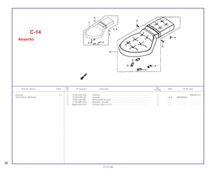 Ref. Qtd.
Item de serviço T.M.O. Nº da peça Descrição Nota Nº de série
Nº VT600C
1 77200-MZ8-K00 Assento .......................................................................................... 1 .............. ~WWR002751
2 77200-KW9-003 Assento .......................................................................................... 1 N-N XWR000001 ~
3 77205-286-000 Borracha B, Assento ...................................................................... 4 .............. ..................... .......................
4 77209-MR1-000 Borracha, Assento.......................................................................... 2 .............. ..................... .......................
5 96600-06010-07 Parafuso Allen, 6 x 10 .................................................................... 2 .............. ..................... .......................
C-14
Assento
56
21.07.00
Assento..................................................................0,1
(Inclui Peças Relativas)
 