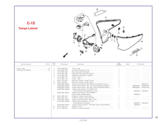 57
Ref. Qtd.
Item de serviço T.M.O. Nº da peça Descrição Nota Nº de série
Nº VT600C
1 35010-MZ8-K00 Travas, Jogo................................................................................... 1 .............. ..................... .......................
2 35100-KW9-920 Interruptor de Ignição Conj............................................................ 1 .............. ..................... .......................
3 35102-MR1-000 Base Interruptor de Ignição ........................................................... 1 .............. ..................... .......................
4 35103-MR1-000 Espaçador, Interruptor de Ignição................................................. 1 .............. ..................... .......................
5 35110-MR1-000 Tampa do Interruptor de Ignição................................................... 1 .............. ..................... .......................
6 35122-MR1-770 Chave, *Tipo 2* .............................................................................. 1 .............. ..................... .......................
* 35121-MR1-770 Chave, *Tipo 1* .............................................................................. 1 .............. ..................... .......................
7 83551-GE2-000 Borracha, Fixação, Tampa Lateral................................................. 2 .............. ..................... .......................
8 83551-300-000 Borracha, Fixação, Tampa Lateral................................................. 2 .............. ..................... .......................
9 83600-MR1-000ZC Tampa Lateral Direita, *NH-1/NH-105* Preto/Preto Fosco............. 1 .............. ~YR002335
83600-MR1-000ZA Tampa Lateral Direita, *NH-1/P-23M* Preto/Púrpura Metálica........ 1 .............. XWR000001 ~XXR001500
83600-MR1-000ZB Tampa Lateral Direita, *NH-1/BG-115M* Preto/Verde Riviera......... 1 .............. XWR000001 ~XXR001500
83600-MR1-000ZD Tampa Lateral Direita, *R-253P/NH-105*
Grená Morunbi Perolizado/Preto Fosco...................................... 1 .............. YR000001 ~YR002355
* 83600-MR1-000ZE Tampa Lateral Direita, *NH-455M/NH-1*
Prata Luminar Metálica/Preto......................................................... .............. 1R000001 ~
10 83612-MR1-300 Emblema, Tampa Lateral Direita.................................................... 1 .............. ..................... .......................
11 83613-MR1-300 Emblema, Tampa Lateral Esquerda .............................................. 1 .............. ..................... .......................
12 83700-MR1-000ZC Tampa Lateral Esquerda, *NH-1* Preto......................................... 1 .............. ..................... .......................
83700-MR1-000ZB Tampa Lateral Esquerda, *R-253P*
Grená Morunbi Perolizado .......................................................... 1 .............. YR000001 ~YR002355
* 83700-MR1-000ZD Tampa Lateral Esquerda, *NH-455M* Prata Lumiar Metálica ....... 1 .............. 1R000001 ~
13 90107-KR3-630 Parafuso, 6 mm .............................................................................. 2 .............. ..................... .......................
14 90114-GB6-920 Parafuso, Tampa lnterruptor .......................................................... 1 .............. ..................... .......................
C-15
Tampa Lateral
21.07.00
Travas, Jogo..........................................................1,5
Interruptor de Ignição............................................0,6
 