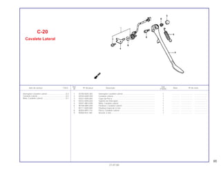 65
Ref. Qtd.
Item de serviço T.M.O. Nº da peça Descrição Nota Nº de série
Nº VT600C
1 35700-MZ8-305 Interruptor Cavalete Lateral ........................................................... 1 .............. ..................... .......................
2 50530-KW9-920 Cavalete Lateral ............................................................................. 1 .............. ..................... .......................
3 50531-MZ8-000 Capa da Porca............................................................................... 1 .............. ..................... .......................
4 50532-MZ8-A20 Suporte do Interruptor.................................................................... 1 .............. ..................... .......................
5 50541-MK3-000 Mola, Cavalete Lateral ................................................................... 1 .............. ..................... .......................
6 90108-MR5-000 Parafuso, Cavalete Lateral............................................................. 1 .............. ..................... .......................
7 90111-MZ8-000 Parafuso Especial, 6 mm ............................................................... 1 .............. ..................... .......................
8 90203-MF9-710 Porca, Cavalete Lateral.................................................................. 1 .............. ..................... .......................
9 90406-KV3-780 Arruela, 6 mm................................................................................. 1 .............. ..................... .......................
C-20
Cavalete Lateral
21.07.00
Interruptor Cavalete Lateral...................................0,3
Cavalete Lateral.....................................................0,2
Mola, Cavalete Lateral...........................................0,1
 