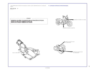 * Para identificação do número do carburador, somente a parte sublinhada deverá ser usada para
registro.
VDF1P B KC
11. Localização dos Números de Série Estampados.
5
21.07.00
NÚMEROS DE SÉRIE UTILIZADOS NAS ALTERAÇÕES DE PEÇAS:
GRUPO DO MOTOR: NÚMERO DO MOTOR
GRUPO DO CHASSI: NÚMERO DO CHASSI
ATENÇÃO
NÚMERO DE SÉRIE DO CHASSI
ANO DE FABRICAÇÃO
NÚMERO DE SÉRIE DO MOTOR
NÚMERO DE IDENTIFICAÇÃO
DO CARBURADOR
NÚMERO DE IDENTIFICAÇÃO
DO CARBURADOR
 