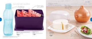 802664 | Basic Line
5 Litros
26,4 comp. X 25,1 larg. X 11,5 alt. (cm)
R$
76,00
802573 | Eco Tupper Garrafa Plus Azul Céu*
1 Litro
9,3 diâm. X 25,8 alt. (cm)
R$
65,00
802684 | Tupper
Cebola Bronze
12,7 comp. X 12,3 larg.
X 12,4 alt. (cm)
R$
31,00
802796 | Smart
Queijeira Mini
16 comp. X 15,8 larg.
X 7,4 alt. (cm)
R$
39,00
Sua vida mais saudável Adeus, cheiro
forte na geladeira! Elimina o cheiro e
mantém a qualidade da
cebola por mais tempo
Pode ir direto da
geladeira para a mesa!
Economiza espaço:
pode ser empilhado!Parabebidasfrias
e não gaseificadas
*Eco Tupper Garrafa não vai ao freezer. Não deve ser usada com bebidas
quentes, gaseificadas ou com máquinas para gaseificar bebidas.
Geladeira
48 49
 